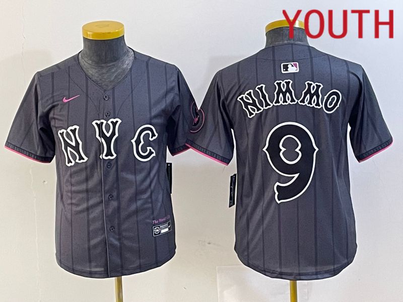 Youth New York Mets 9 Nimmo Black City Edition 2024 Nike MLB Jersey style 1